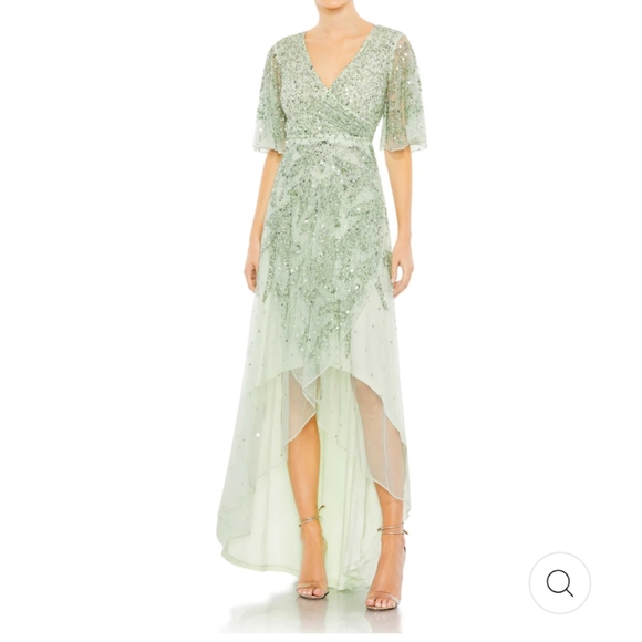 Mac Duggal sequined Butterfly Sleeve Hi low gown sage mint color plus size 16
